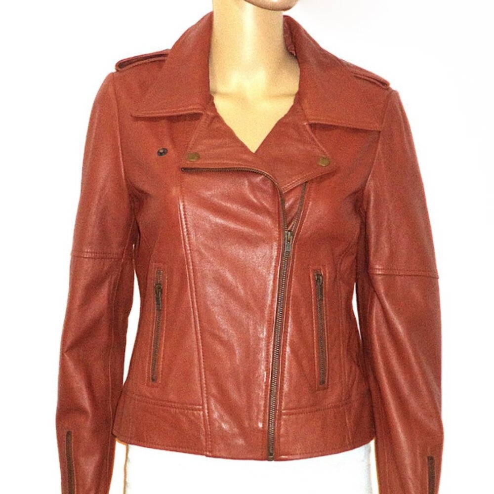 Vintage Brown/Cognac Color Genuine Leather Jacket, Waist Length Jacket, Sz.8